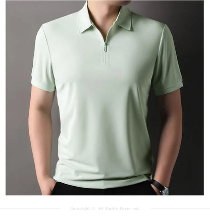 Men’s Slim Fit Half-Zip Polo Shirt – Light Beige Stretch Cotton Casual Top with Classic Collar
