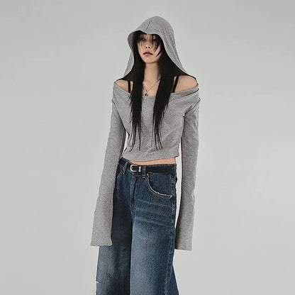 Y2K Aesthetic Women's Hooded Crop Top – Casual Streetwear Slim Fit Off-Shoulder Long Sleeve Tee with Grunge Style