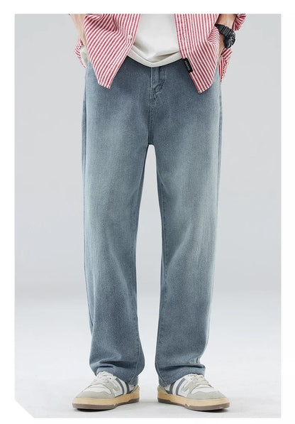 Vintage Men’s Baggy Jeans – Korean Style Starry Sky Fabric, Straight Fit Casual Denim Trousers, High Street Personalized Pants