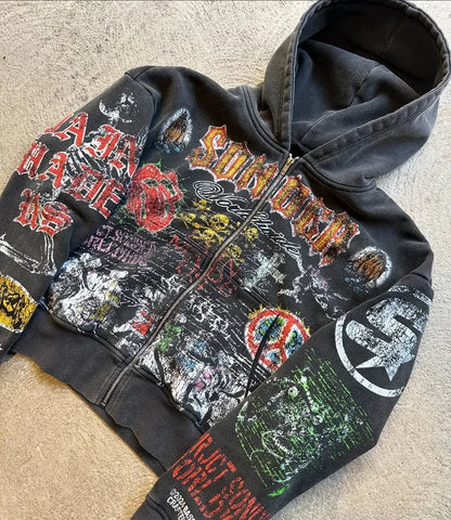 Y2K Vintage Goth Anime Zipper Hoodie – Unisex Oversized Dark Style Sweatshirt, American Streetwear