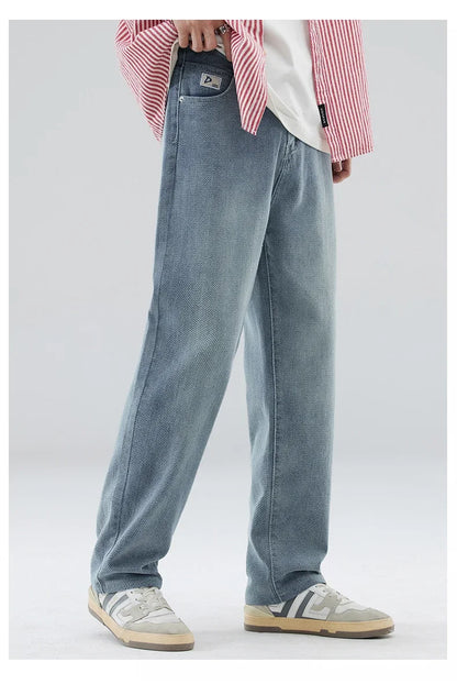 Vintage Men’s Baggy Jeans – Korean Style Starry Sky Fabric, Straight Fit Casual Denim Trousers, High Street Personalized Pants