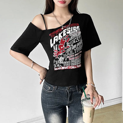 Y2K Off-Shoulder Gothic Crop Tee – Women’s Punk-Inspired Letter Print T-Shirt, Harajuku Aesthetic Grunge Streetwear, Slim Fit Summer Top