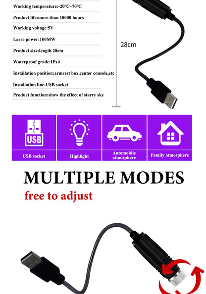 USB LED Starry Sky Projector Light – Car Interior Ambient Light, Spot Lamp, Decorative Atmosphere Lighting