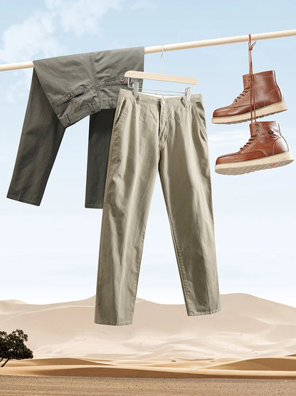 Men's Solid Cotton Straight-Leg Chino Pants – Business Casual Trousers with Belt, Ideal for Autumn &amp; Winter – Classic Formal Style for Adults &amp; Seniors