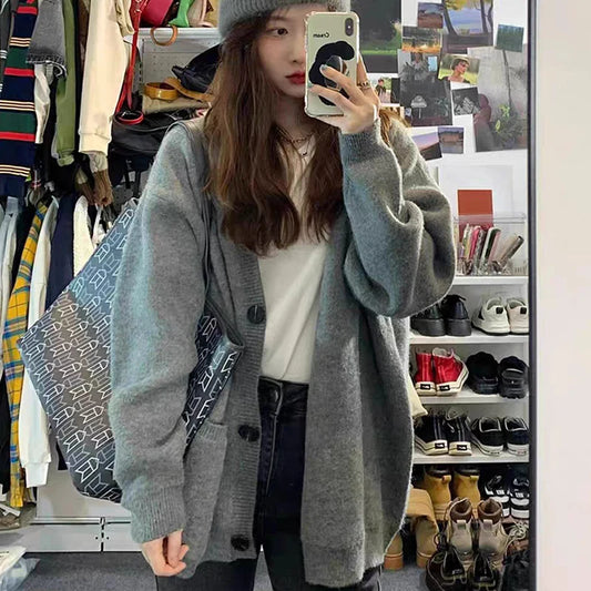 Casual Gray Mid-Length Knit Cardigan for Women with Pockets – Korean Style Open Front Sweater Coat for Autumn