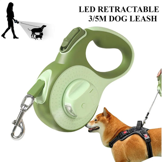 3/5M LED Retractable Dog Leash – Tangle-Free 360° Swivel Pet Walking Lead with Explosion-Proof Nylon Rope