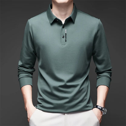 Men's Long Sleeve Polo Shirt – Solid Color, Business Casual, Stylish & Breathable Shirt with Badge Design