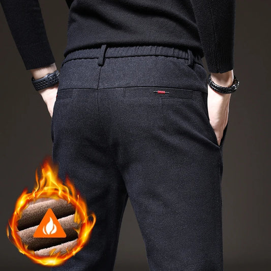 Men's Winter Fleece-Lined Slim Fit Pants – Thick Warm Straight-Leg Casual Business Trousers (Sizes 28-38)