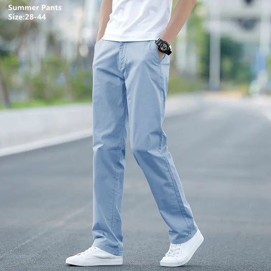 Men's Summer Lightweight Stretch Chino Pants – Loose Fit Cotton Trousers in Khaki, Blue, and Black – Plus Sizes 42 &amp; 44