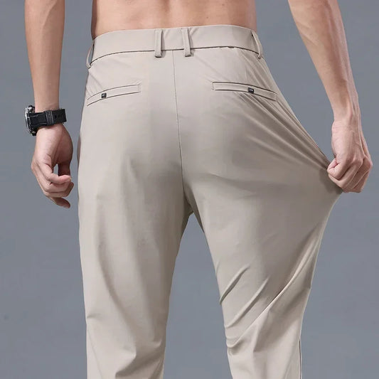 Men's Summer Lightweight Stretch Suit Pants – Slim Fit Korean Style Business Casual Trousers with Elastic Waist