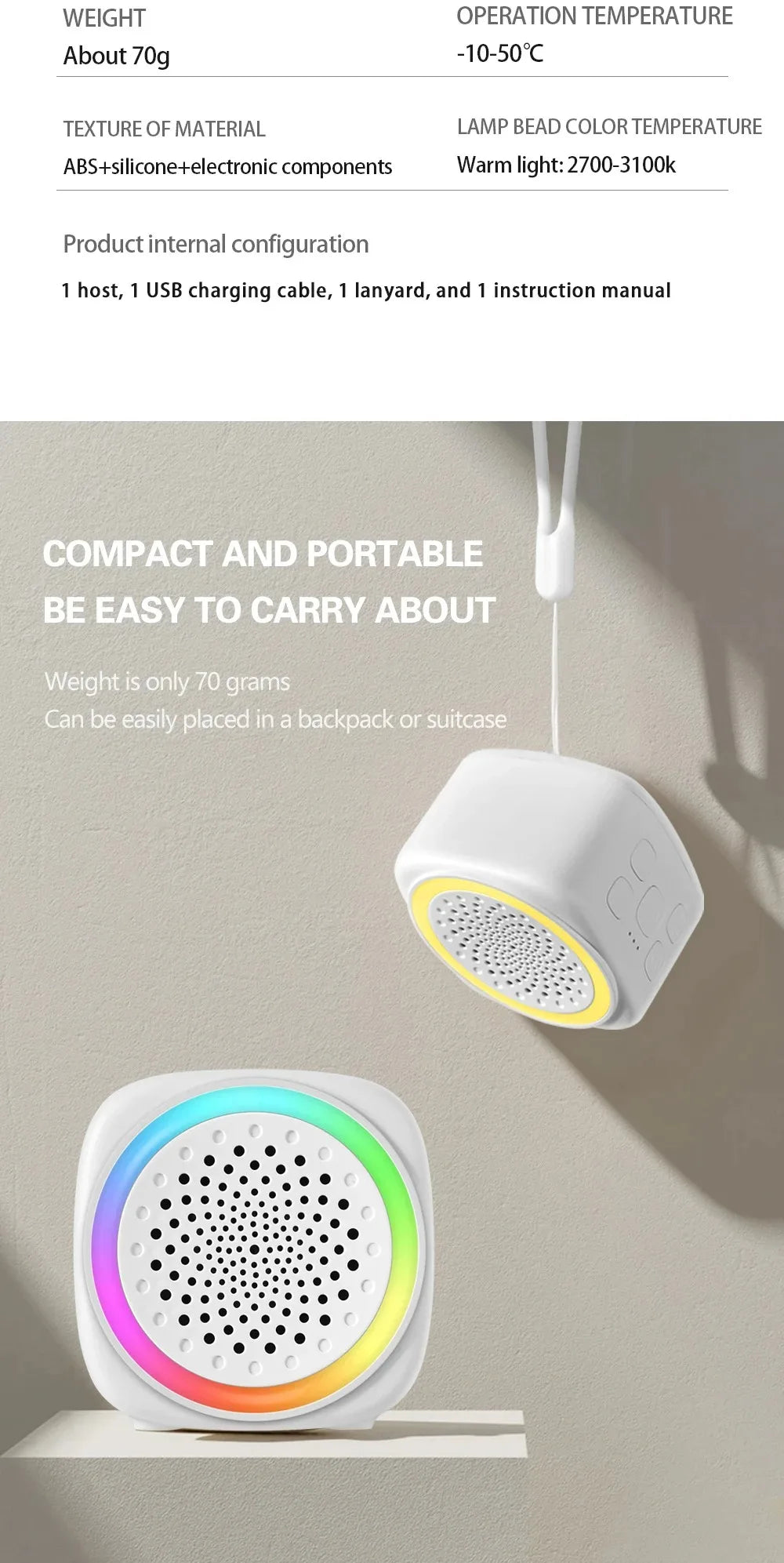 RGB Light Baby White Noise Machine with Timer, Sleep Sound Player, Night Light, USB Rechargeable - White