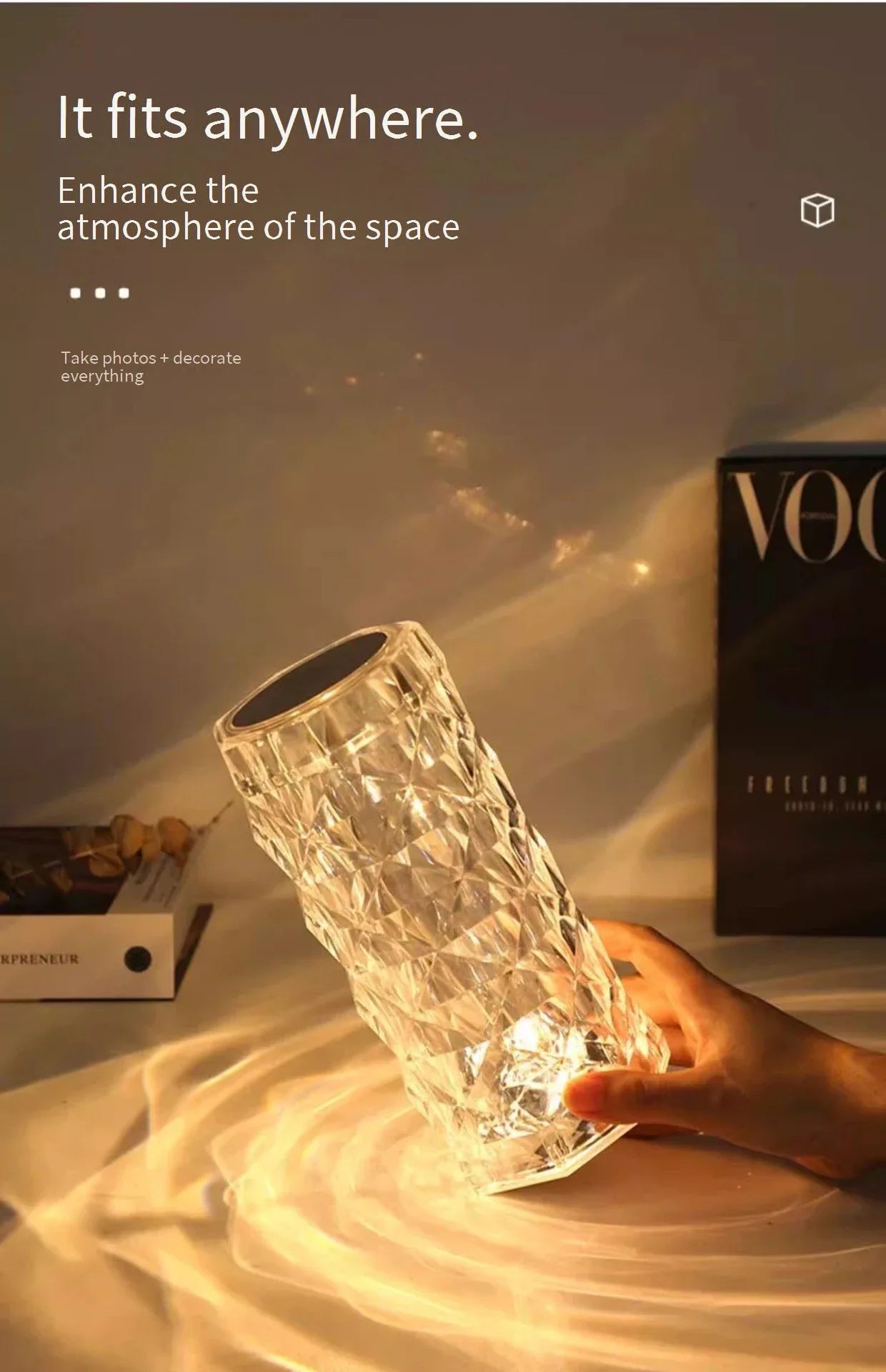 Rechargeable Crystal Rose Night Lamp – Acrylic Bedside Light with Touch Control for Romantic &amp; Ambient Home Decor