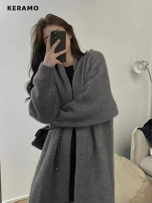 2024 Winter Oversized Long Knit Cardigan for Women – Vintage Solid Color Warm Casual Sweater with Long Sleeves