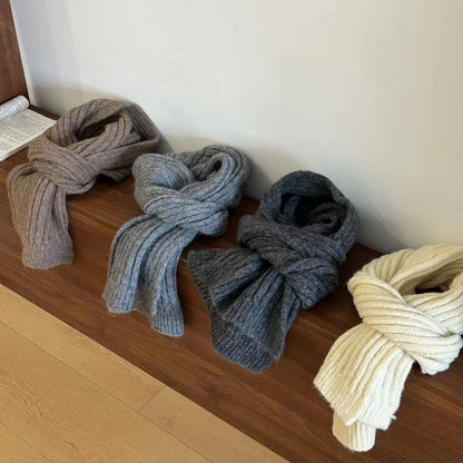 High-End Korean Style Thick Knit Scarf for Women – Warm Woolen Solid Color Winter & Autumn Wrap