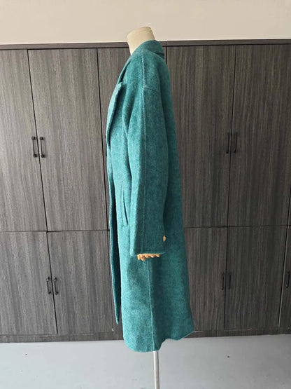 ZMEENNA Elegant Blue Wool Blend Long Winter Coat for Women – Double-Breasted Lapel Overcoat with Loose Fit and Warm Design (Model ZM3425)