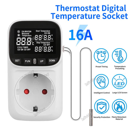 Smart Thermostat Plug with Temperature Control – 16A EU Socket, LCD Display, Timer & Sensor, 220V High-Precision