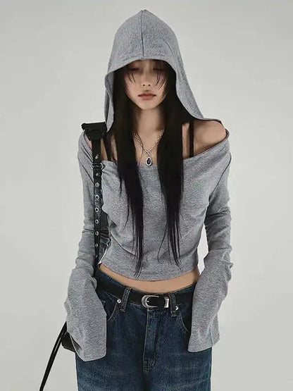Y2K Aesthetic Women's Hooded Crop Top – Casual Streetwear Slim Fit Off-Shoulder Long Sleeve Tee with Grunge Style
