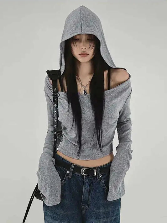 Y2K Aesthetic Women's Hooded Crop Top – Casual Streetwear Slim Fit Off-Shoulder Long Sleeve Tee with Grunge Style