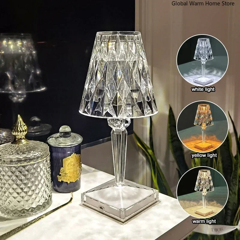 USB-Powered Diamond Crystal LED Table Lamp – Acrylic Decorative Night Light for Bedroom, Living Room, or Restaurant Ambiance
