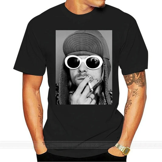 Black Kurt Cobain Smoking Graphic Tee - Nirvana, Dae, Grohl Inspired Grunge Punk Shirt for Men, Popular Kawaii Style
