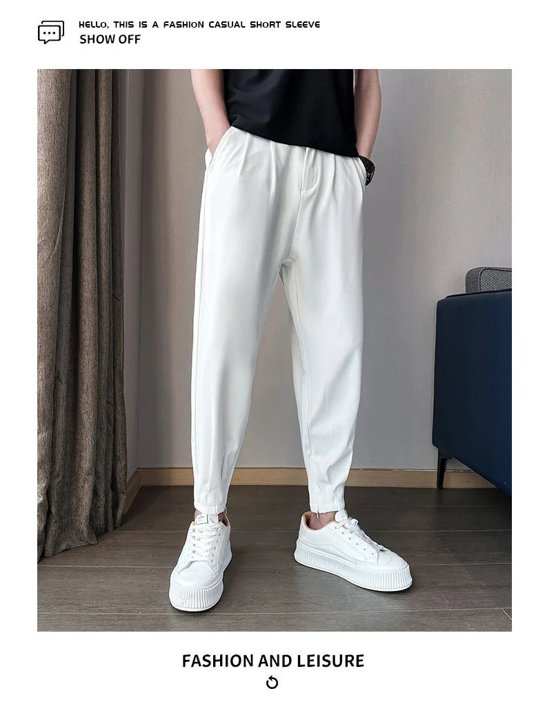 Men’s Spring & Summer Casual Solid Color Ice Silk Trousers — Korean Style Slim Ankle Pants with Zipper Detail, Smooth & Lightweight for a Handsome Look