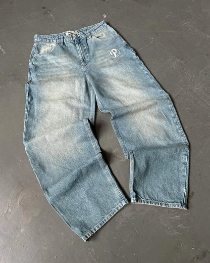 Streetwear PROTECT Embroidered Jeans for Men – Y2K Vintage Blue Baggy, High Waist, Wide Leg Harajuku Hip Hop Pants