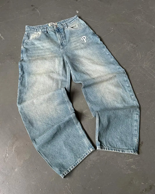 Streetwear PROTECT Embroidered Jeans for Men – Y2K Vintage Blue Baggy, High Waist, Wide Leg Harajuku Hip Hop Pants