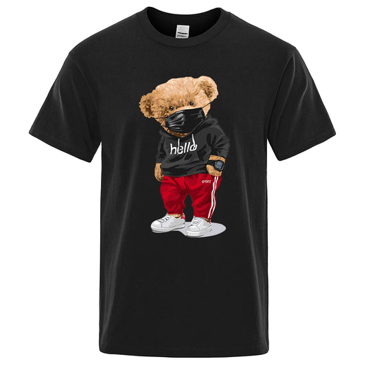 Bear Print Cotton Oversized Short-Sleeve Sports T-Shirt for Men – Casual Summer Half-Sleeve Tee, Sizes S-XXXL