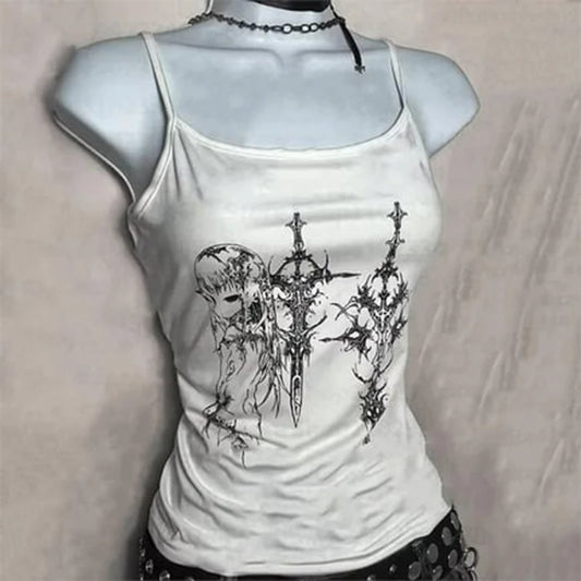 Y2K Aesthetic Women’s Cute Cartoon Print Cropped Tank Top – Sleeveless, Casual, Harajuku-Inspired Grunge Emo Style &nbsp;