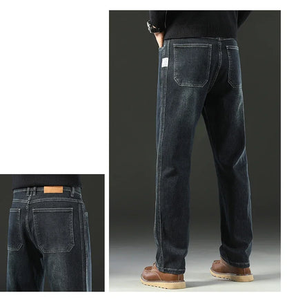 2025 Spring Men's High-Waist Spliced Washed Denim Jeans – Loose Straight Fit Stretch Cotton Blend Casual Brand Trousers &nbsp;