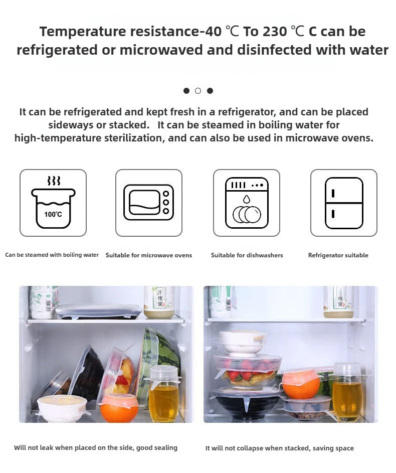 Set of 6 Food-Grade Silicone Stretch Lids – Universal Round Kitchen Covers with Airtight Seal, Reusable and BPA-Free for Food Storage