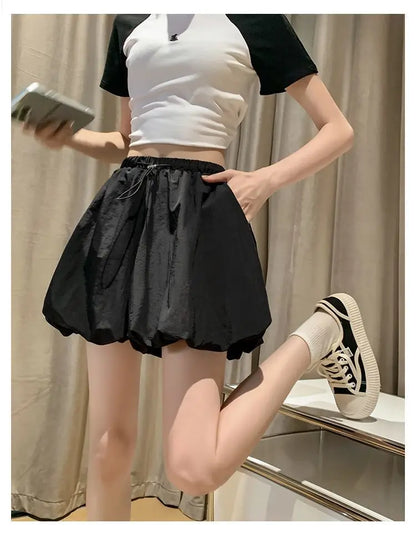 Women's High-Waist Lantern Shorts – Casual Summer Streetwear with Pockets, Relaxed Fit for Students, Youth, and Everyday Wear