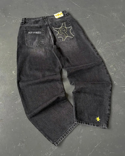 Streetwear PROTECT Embroidered Jeans for Men – Y2K Vintage Blue Baggy, High Waist, Wide Leg Harajuku Hip Hop Pants