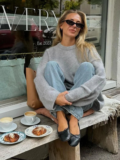 Women's Cozy Mohair Striped Knit Sweater – Warm O-Neck Pullover with Full Sleeves, Autumn 2025 Fashion