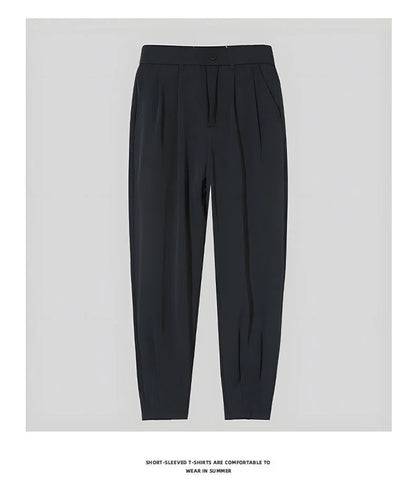 Men’s Spring & Summer Casual Solid Color Ice Silk Trousers — Korean Style Slim Ankle Pants with Zipper Detail, Smooth & Lightweight for a Handsome Look