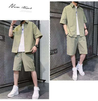 2025 Trendy Korean-Style Men's Summer Outfit – Casual Two-Piece Set Featuring Short Sleeve Shirt &amp; Matching Shorts, Stylish High Street Look for Daily &amp; Streetwear Fashion