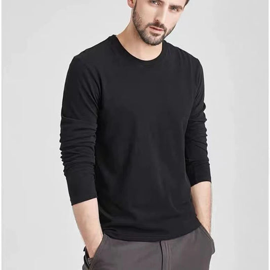Men's Summer Long Sleeve T-shirt – Solid Color, Round Neck, Casual Style, Made from Mercerized Cotton