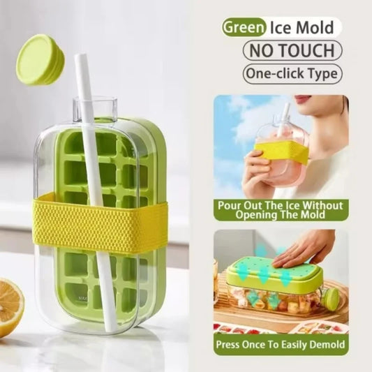 No-Spill Ice Cube Tray with Lid – Touch-Free Silicone Ice Mold for Freezer with Straw & Cable Tie