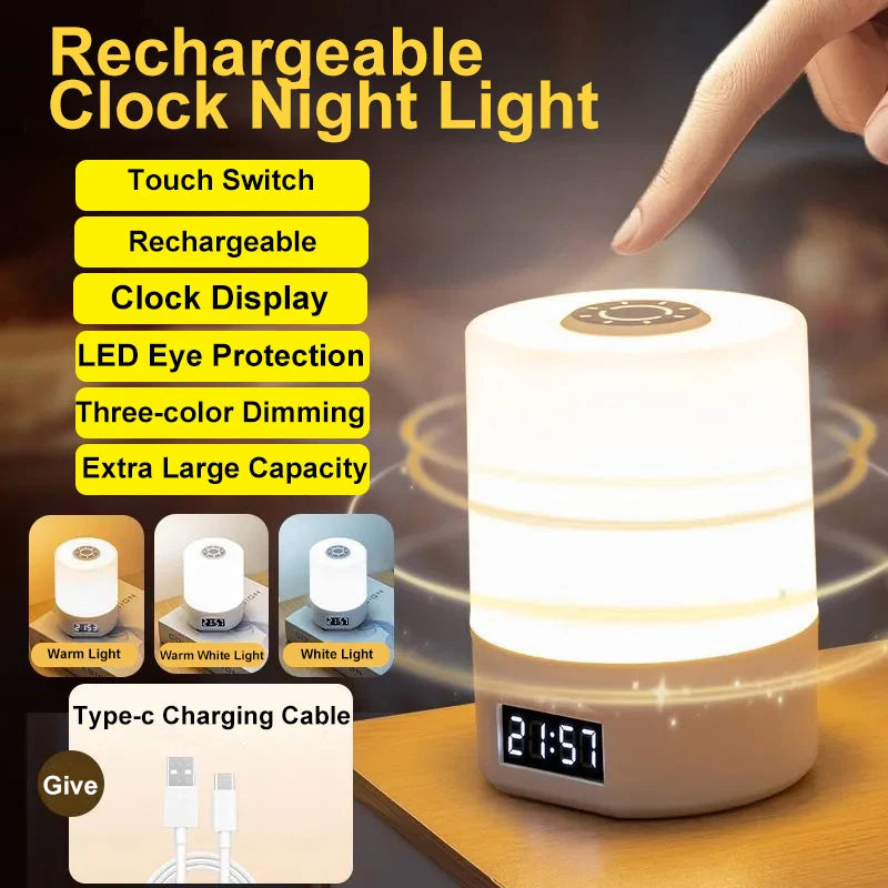 Rechargeable Portable LED Table Lamp with Clock Display, Touch Control, and Eye Protection for Bedside and Reading