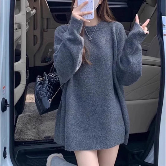 Korean Style Mid-Length Loose Knit Sweater for Women – Casual Solid O-Neck Pullover for Autumn/Winter Streetwear