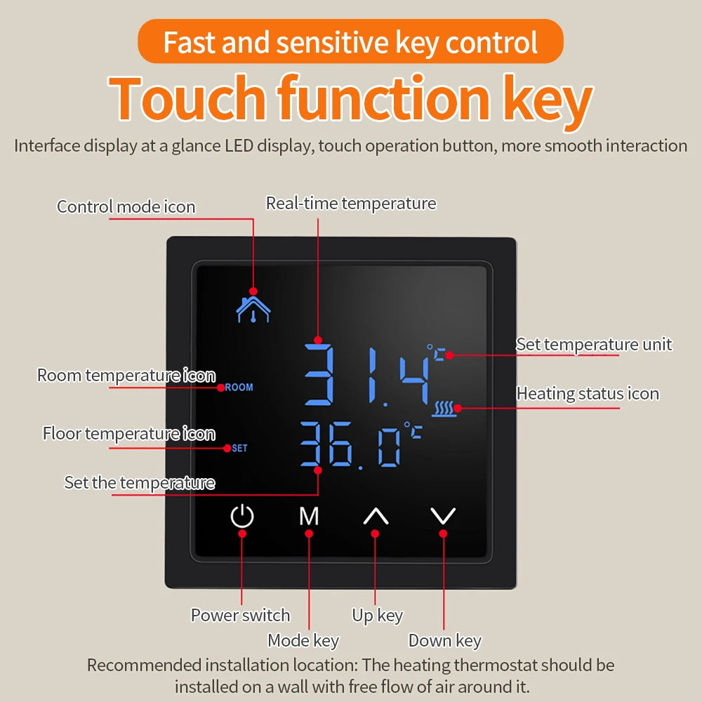 Smart LCD Touchscreen Thermostat 16A Temperature Controller for Electric Floor Heating Systems