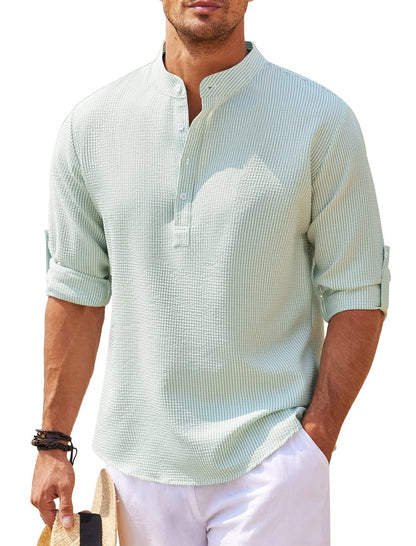 Men’s Casual Stand Collar Shirt – Long Sleeve, Solid Color, Lightweight