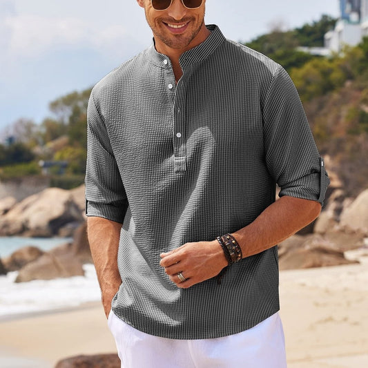 Men’s Casual Stand Collar Shirt – Long Sleeve, Solid Color, Lightweight