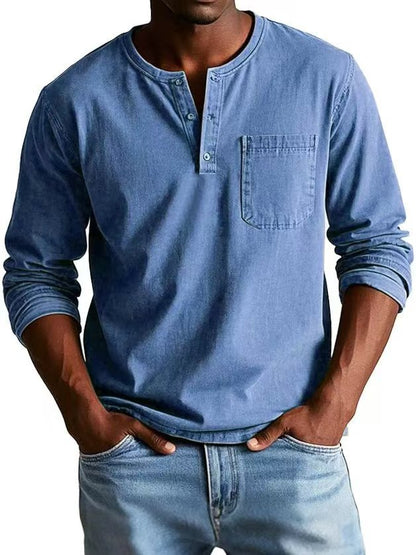 Men’s V-Neck Long Sleeve Pullover with Button Detail – Casual Solid Color Top