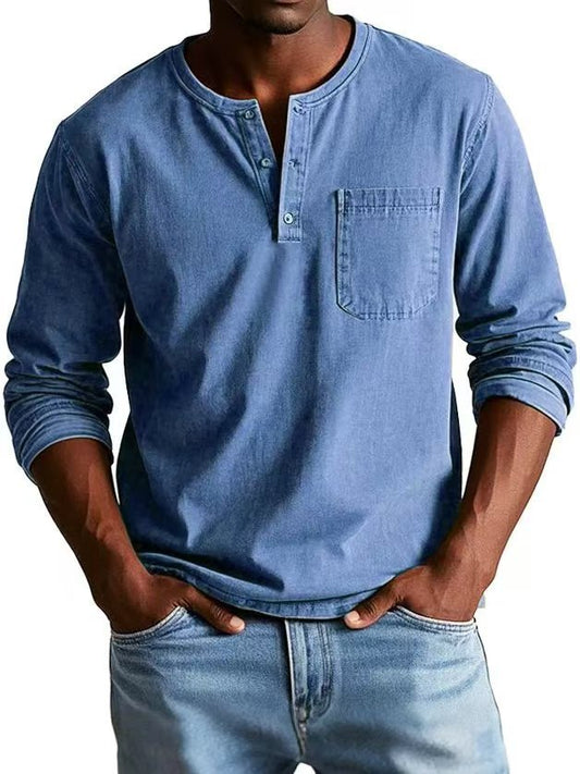 Men’s V-Neck Long Sleeve Pullover with Button Detail – Casual Solid Color Top