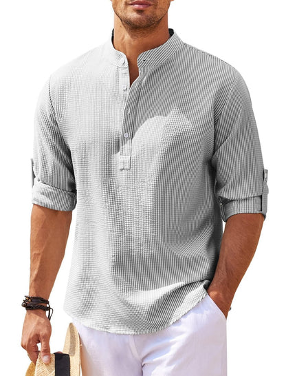 Men’s Casual Stand Collar Shirt – Long Sleeve, Solid Color, Lightweight