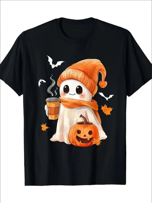 Adorable Coffee-Loving Ghost Halloween T-Shirt – Iced Coffee Design