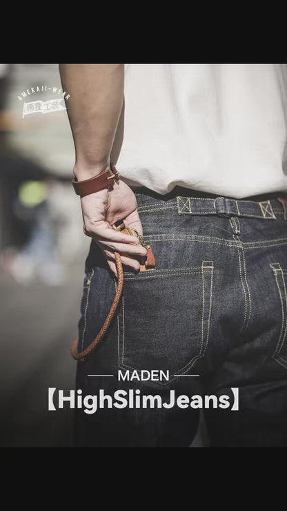 Maden 14oz Raw Selvedge Denim Jeans for Men – Vintage Straight Fit with Horsehide Leather Patch, Paris Buckle Style – Ideal for Spring & Fall