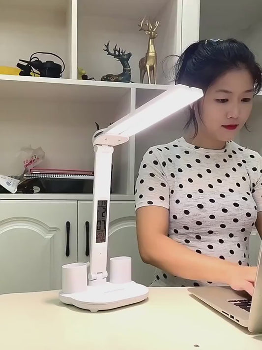 Foldable LED Table Lamp with Touch Dimming, USB Charging, Clock, Temperature Display &amp; Night Light – Ideal for Study &amp; Reading