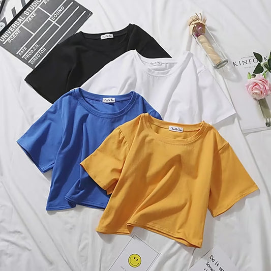 Women’s Summer Casual Cotton Short Sleeve Crop Top – Solid Color O-Neck Loose Fit T-ShirtT